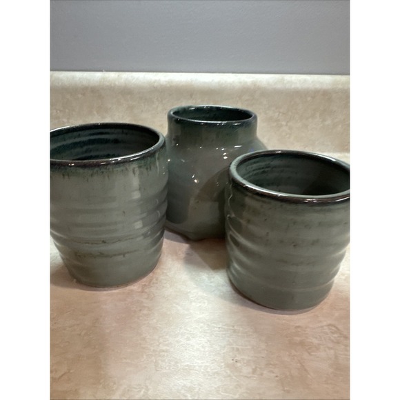 Studio Other - Set Of 3 Drip Green & Blue Multi Color Glaze Art Studio Pottery Vases. Signed